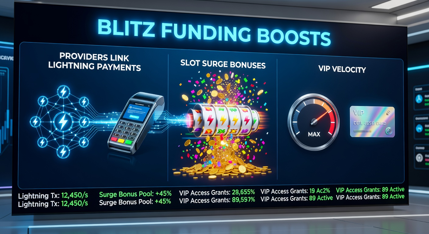 Close-up visualization of slot reels exploding with bonuses connected to speed lines from payment icons and rising VIP bar graphs