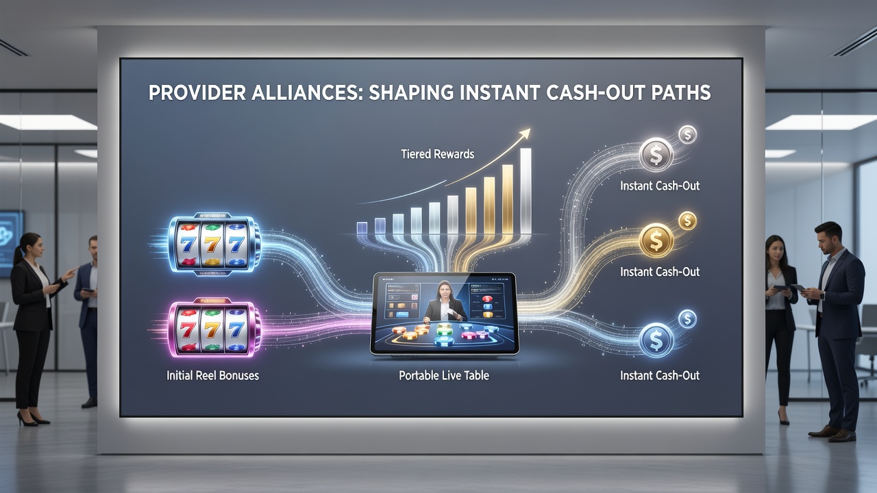 Illustration of provider partnerships enabling instant cash-outs from slot bonuses to tiered rewards in mobile live table games