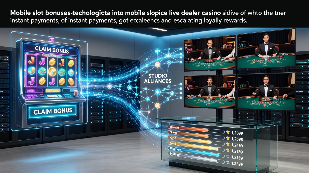 Gaming studio interfaces showing mobile slot bonuses transitioning to live dealer tables through instant payment systems