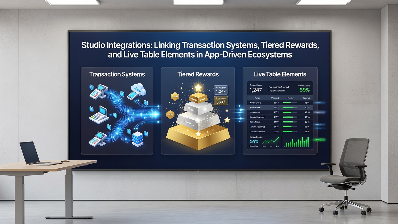 Mobile app interface displaying linked transaction, rewards, and live table elements during slot progression
